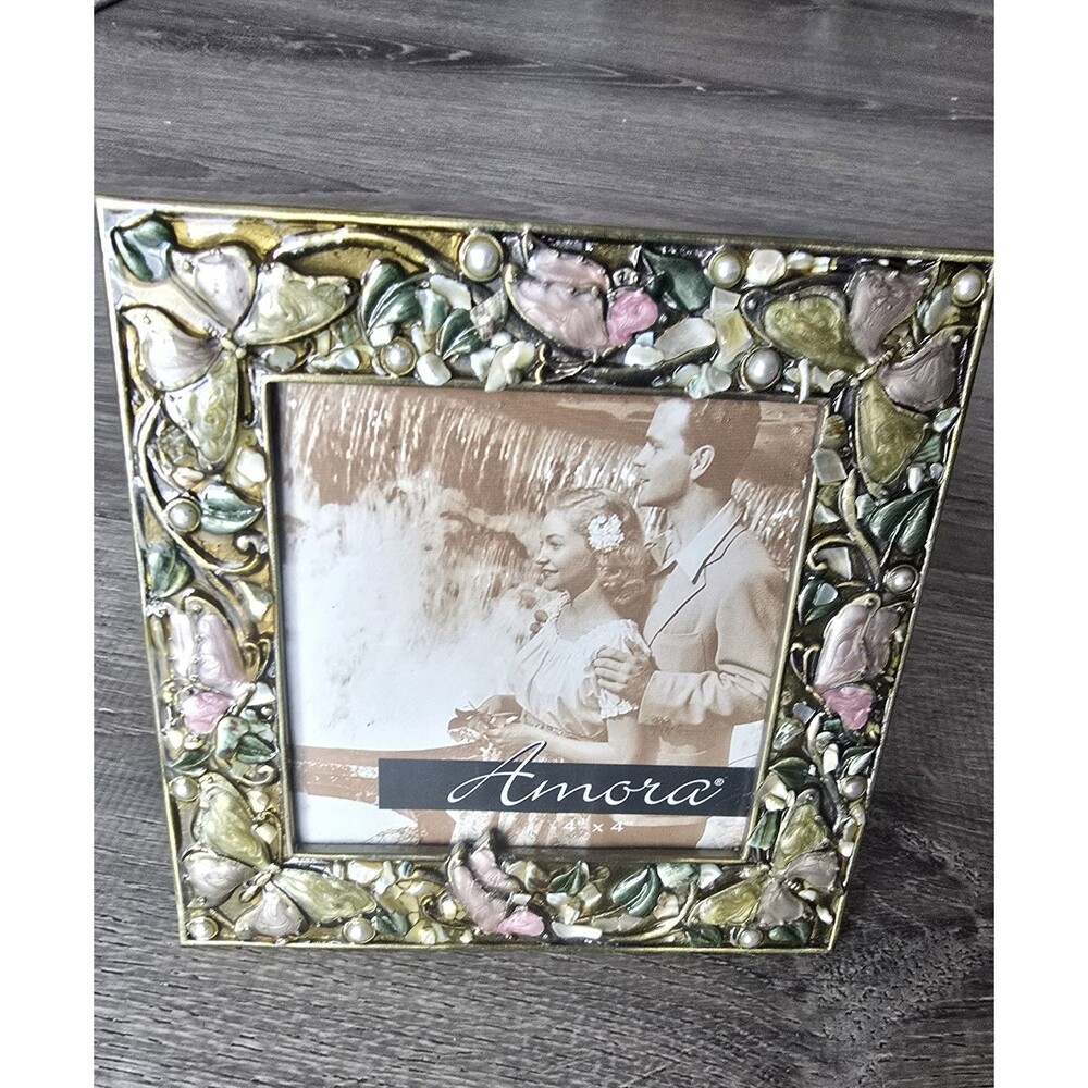 Amora Metal Photo Frame Butterfly  Enameled  Pearls 4x4 Photo
